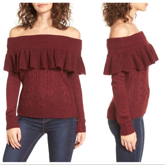 WAYF Ruffled Cable Knit Off-Shoulder Sweater Size XS NWT - Picture 1 of 8